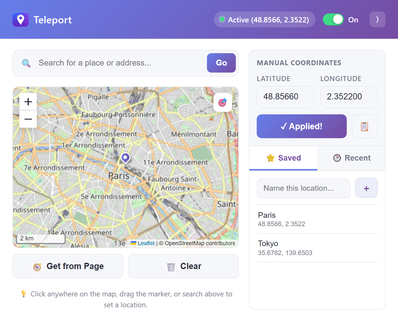 The Teleport popup showing a map of Paris, the active location in the header, manual coordinate fields, and a saved locations list.